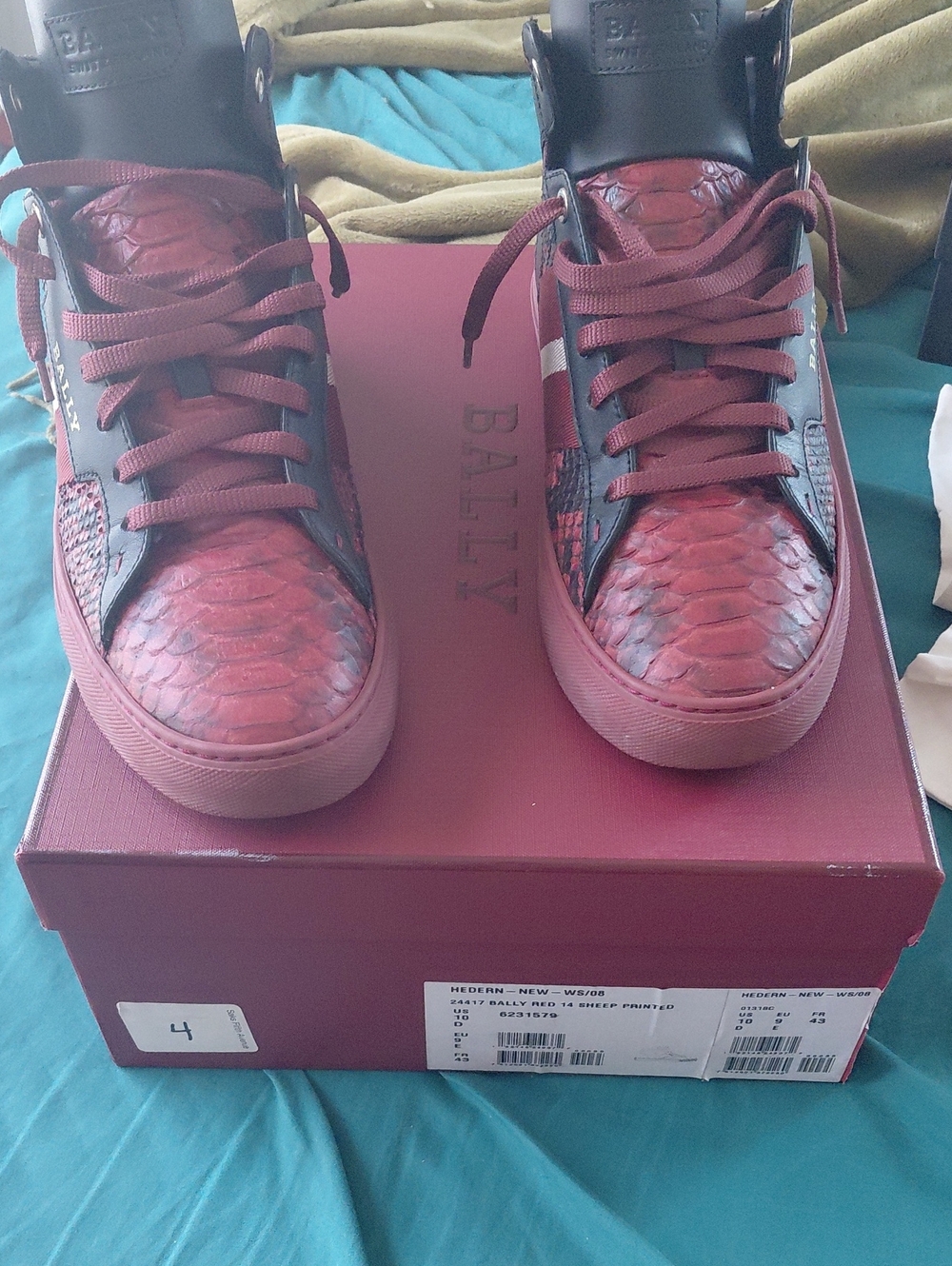 Bally Mens Burgundy Python-Effect High-Top Sneakers